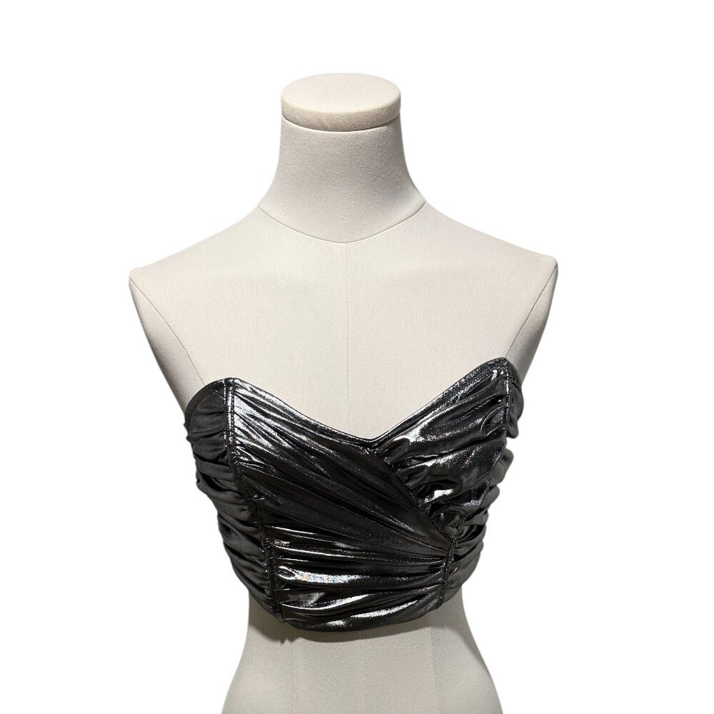 FOREVER 21 Silver Metallic Ruched Sweetheart Crop Top, Sz M; NWT